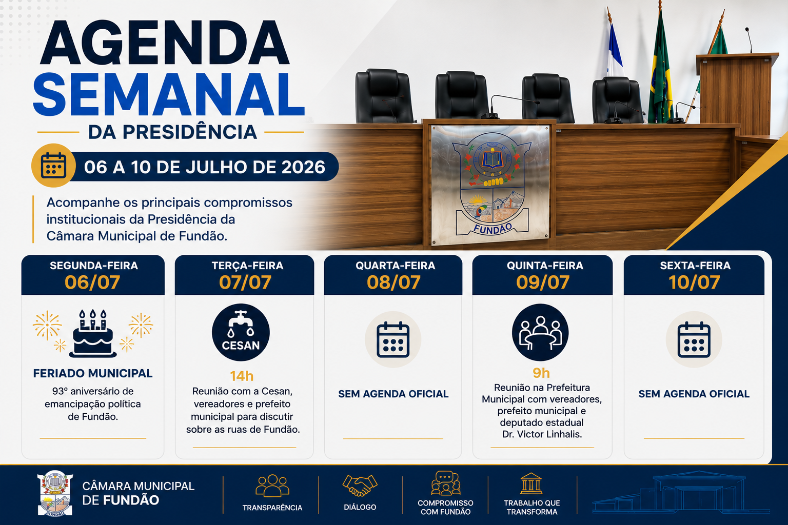 NOTÍCIA: Presidência da Câmara de Fundão divulga agenda institucional da semana