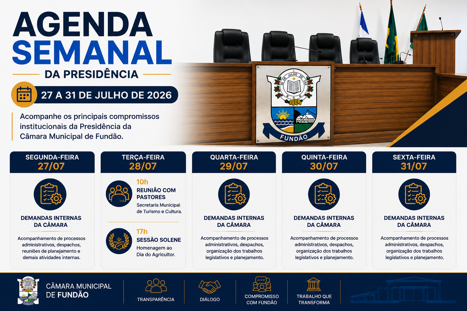 Presidência da Câmara de Fundão divulga agenda da semana com reunião institucional e Sessão Solene em homenagem ao Dia do Agricultor